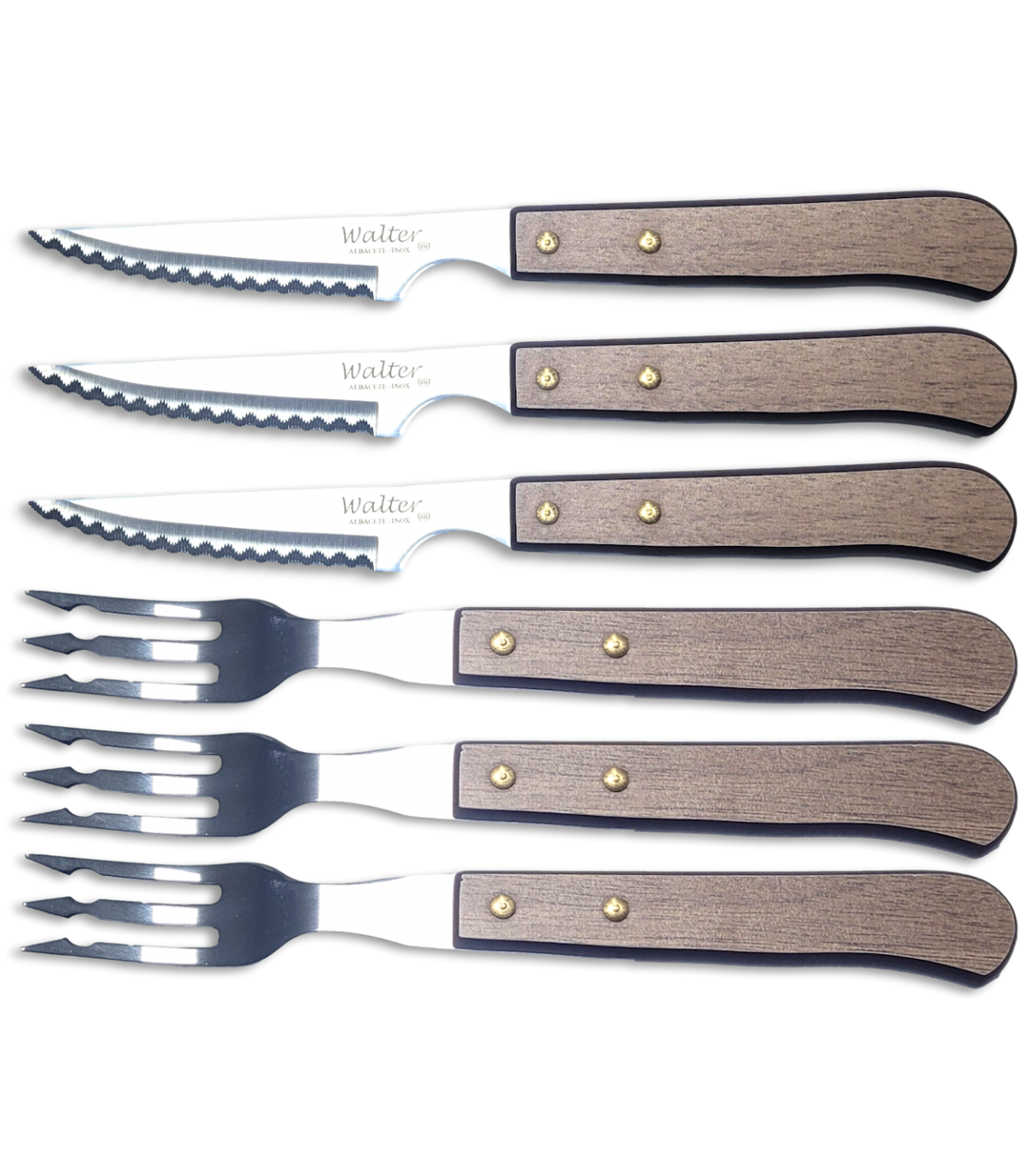 Juego 6 uds. - 3 Cuchillos + 3 Tenedores - Mango Natur Nogal