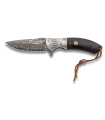 Navaja Acero Damasco 8 cm - Virola Acero Decorada Lobo - Ébano - Kit Supervivencia Unión Europea