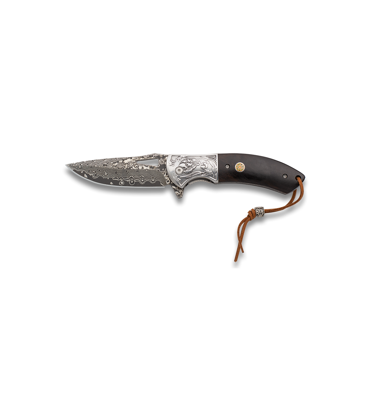 Navaja Acero Damasco 8 cm - Virola Acero Decorada Lobo - Ébano - Kit Supervivencia Unión Europea