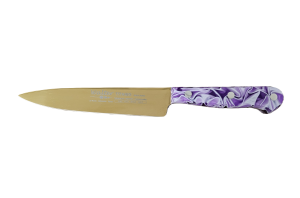 Cuchillo de Cocina Enterizo 15 cm Titanio Oro - Mango Metacrilato Lila-Blanco