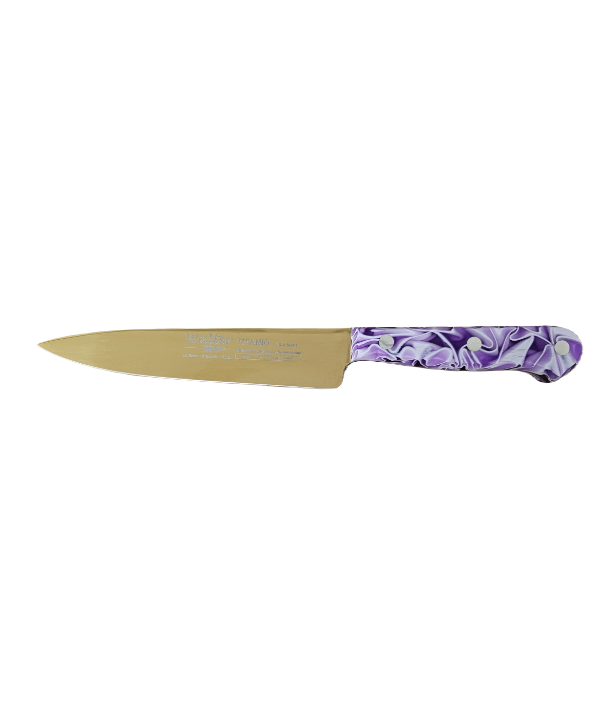 Cuchillo de Cocina Enterizo 15 cm Titanio Oro - Mango Metacrilato Lila-Blanco