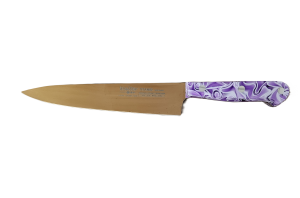 Cuchillo de Cocina Enterizo 15 cm Titanio Bronce - Mango Metacrilato Lila-Blanco
