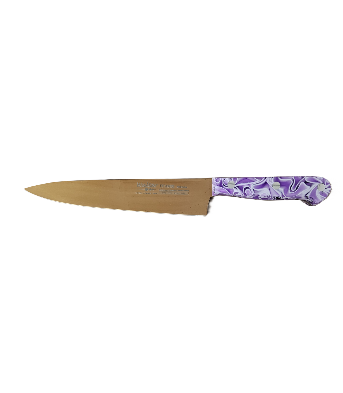 Cuchillo de Cocina Enterizo 15 cm Titanio Bronce - Mango Metacrilato Lila-Blanco