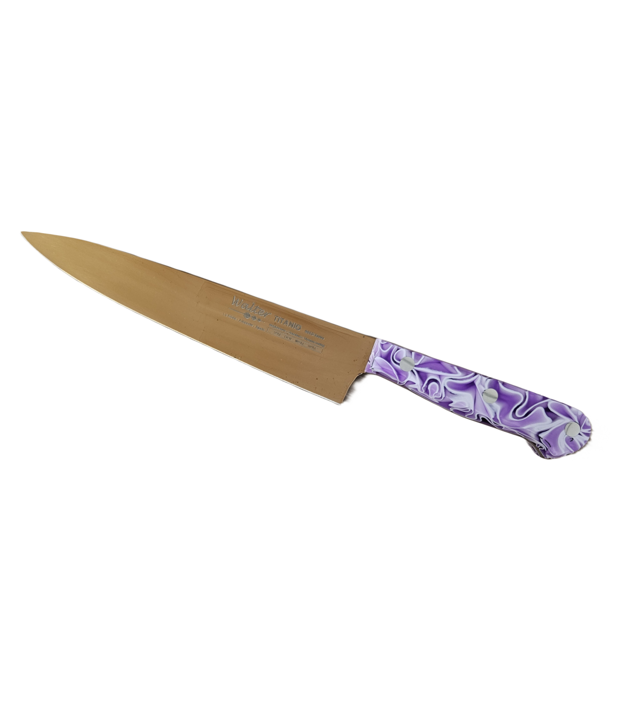 Cuchillo de Cocina Enterizo 15 cm Titanio Bronce - Mango Metacrilato Lila-Blanco