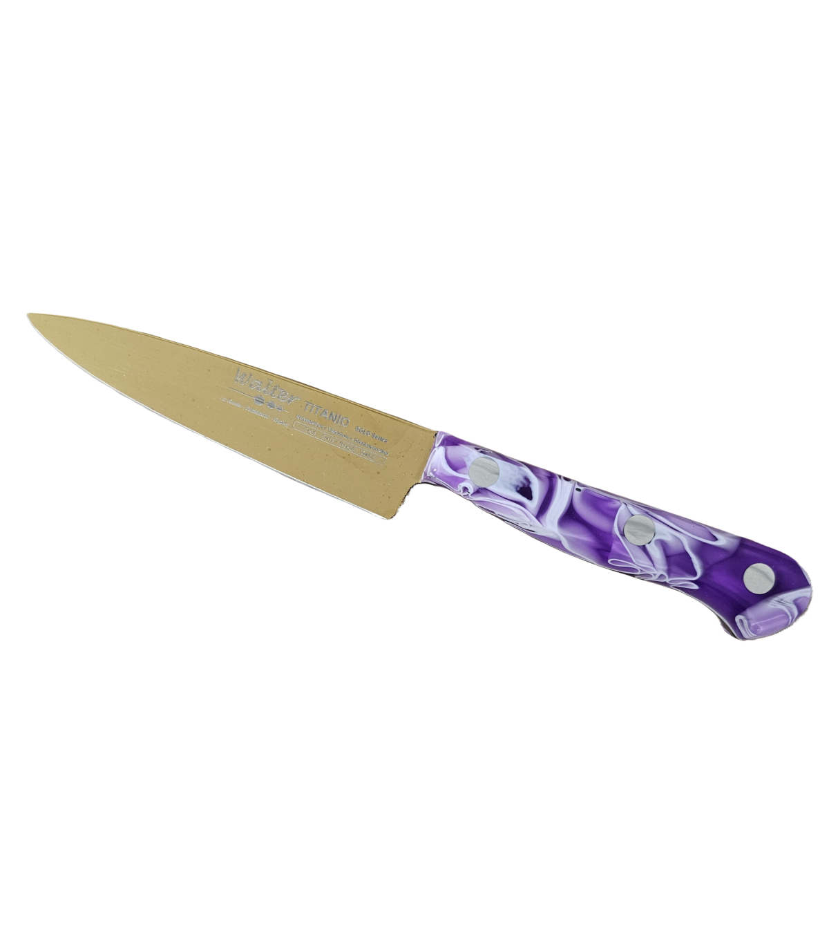 Puntilla de Cocina Enteriza 11 cm Titanio Oro - Mango Metacrilato Lila-Blanco