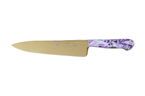 Cuchillo de Cocina Enterizo 20 cm Titanio Oro - Mango Metacrilato Lila-Blanco