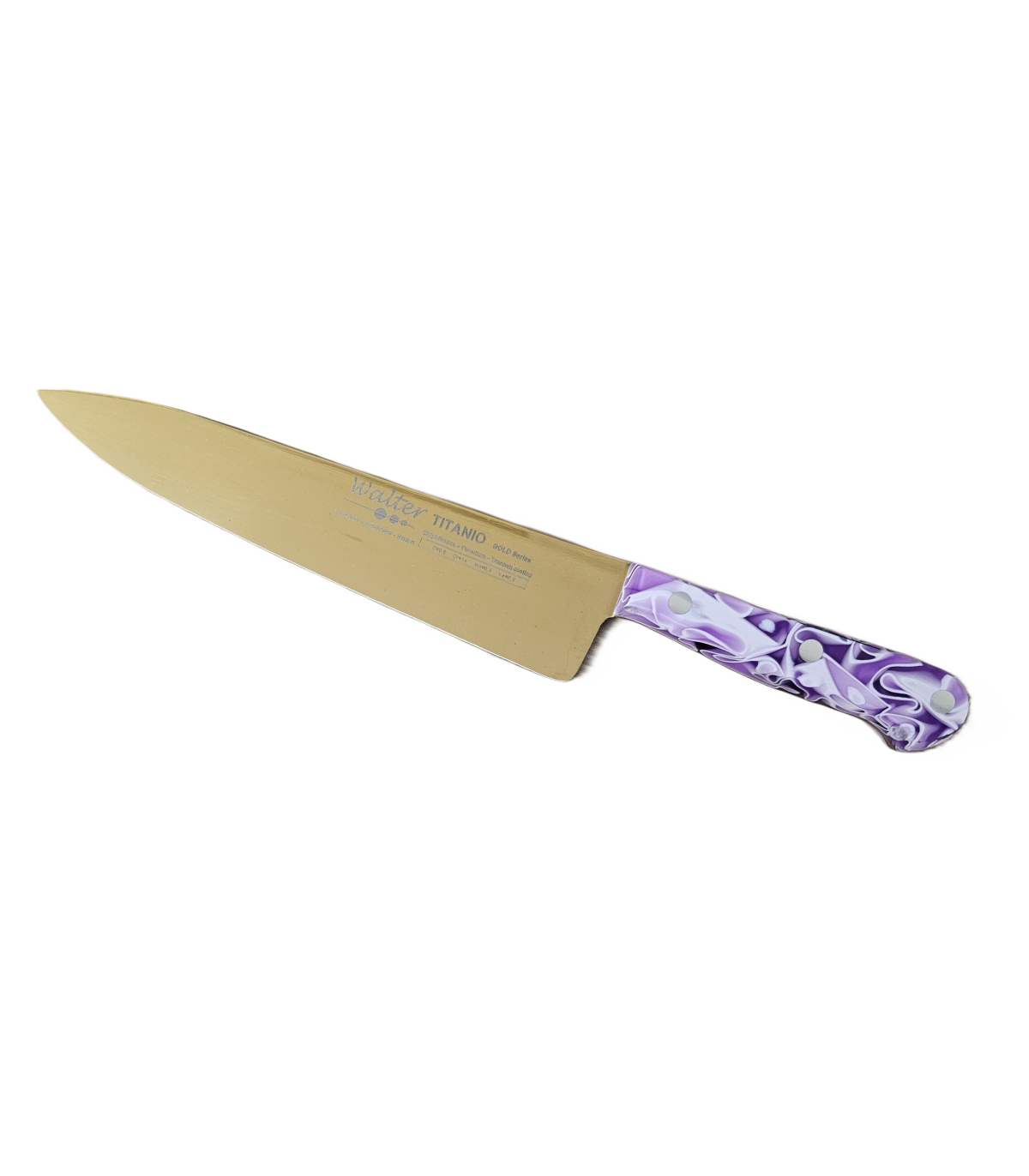 Cuchillo de Cocina Enterizo 20 cm Titanio Oro - Mango Metacrilato Lila-Blanco