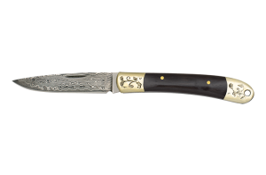 Navaja 67 capas Acero Damasco 7,2 cm - Virolas Latón - Mango Ébano - Kit Supervivencia Unión Europea