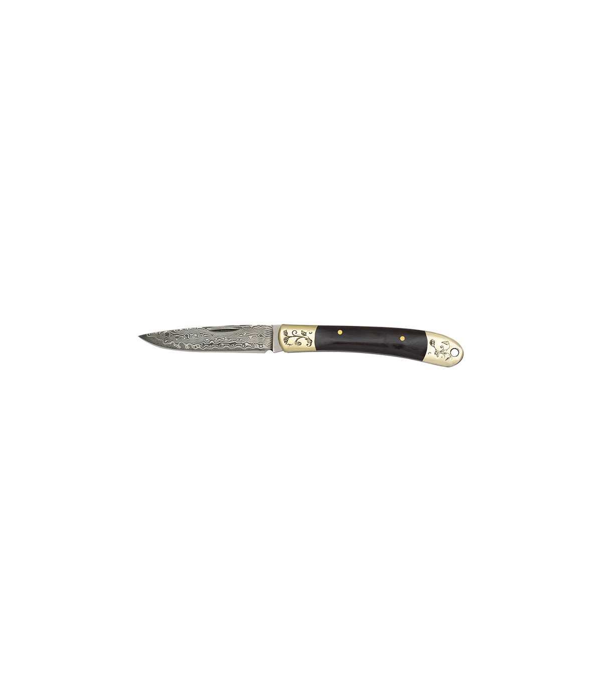 Navaja 67 capas Acero Damasco 7,2 cm - Virolas Latón - Mango Ébano - Kit Supervivencia Unión Europea
