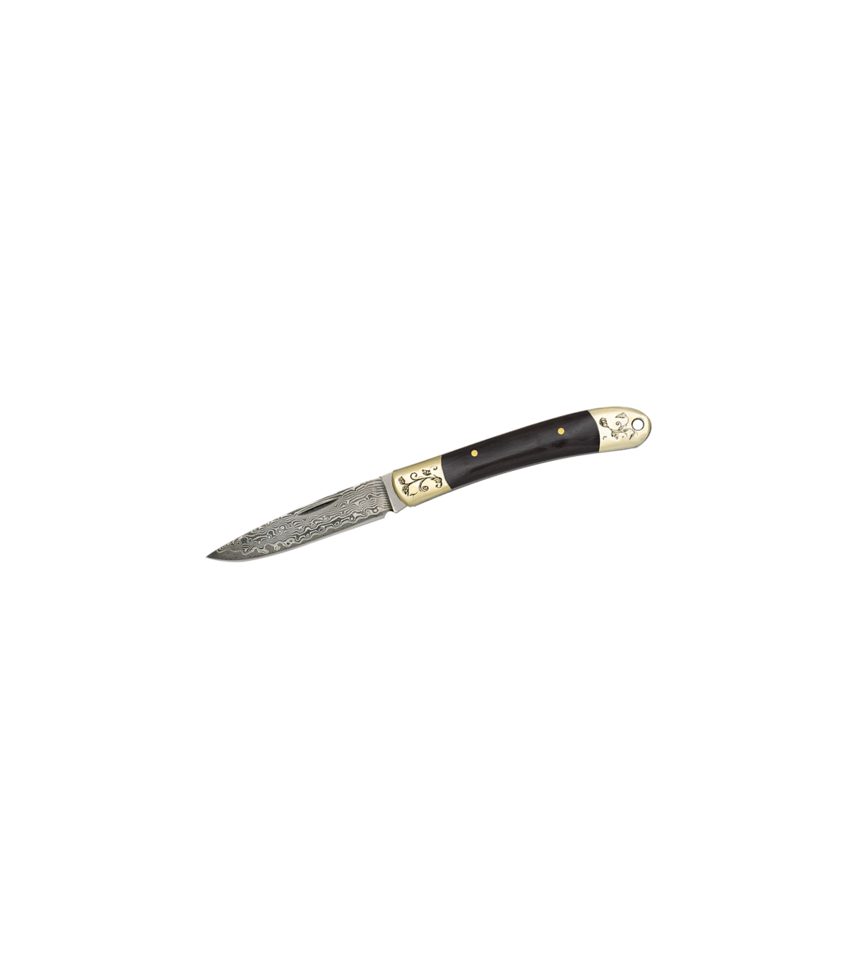 Navaja 67 capas Acero Damasco 7,2 cm - Virolas Latón - Mango Ébano - Kit Supervivencia Unión Europea