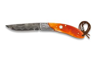 Navaja 73 capas Acero Damasco 7,3 cm - Virola de Acero Decorada - Mango Hueso - Kit Supervivencia Unión Europea