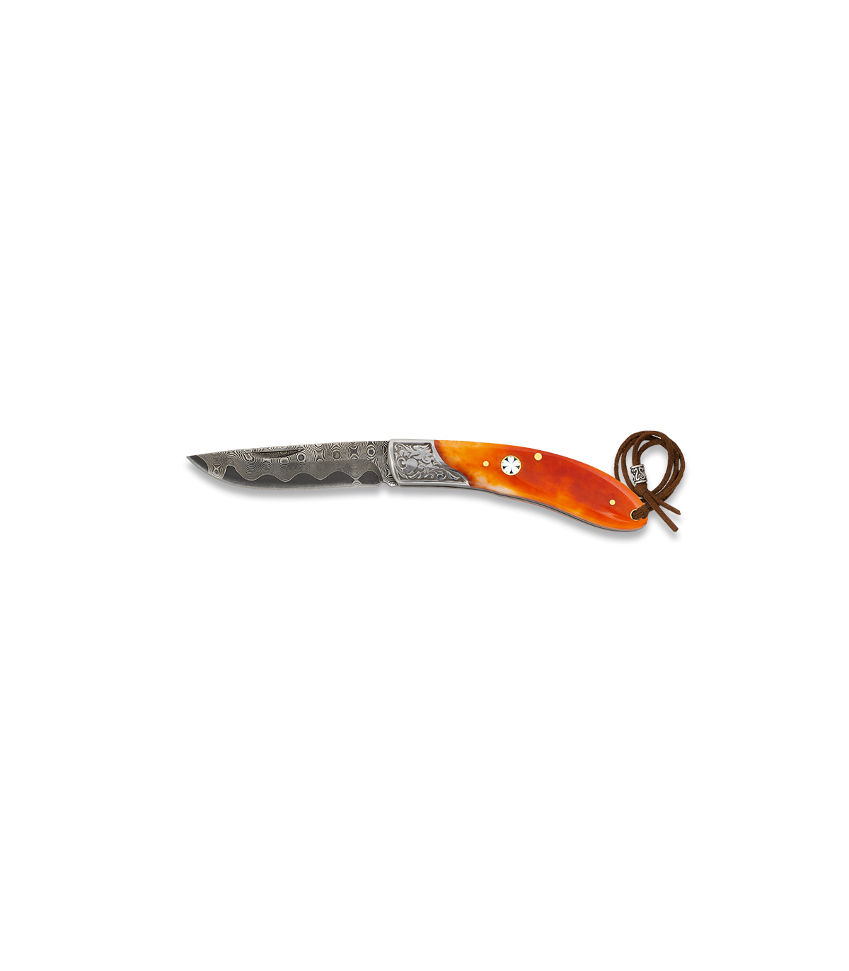 Navaja 73 capas Acero Damasco 7,3 cm - Virola de Acero Decorada - Mango Hueso - Kit Supervivencia Unión Europea