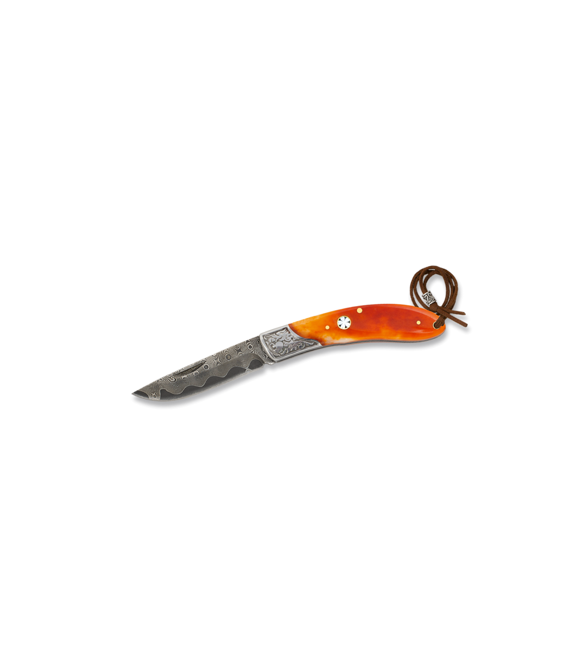 Navaja 73 capas Acero Damasco 7,3 cm - Virola de Acero Decorada - Mango Hueso - Kit Supervivencia Unión Europea