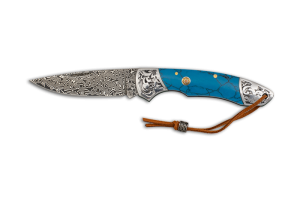 Navaja 73 capas Acero Damasco 7,5 cm - Virolas de Acero Decorada - Mango Resina Azul - Kit Supervivencia Unión Europea