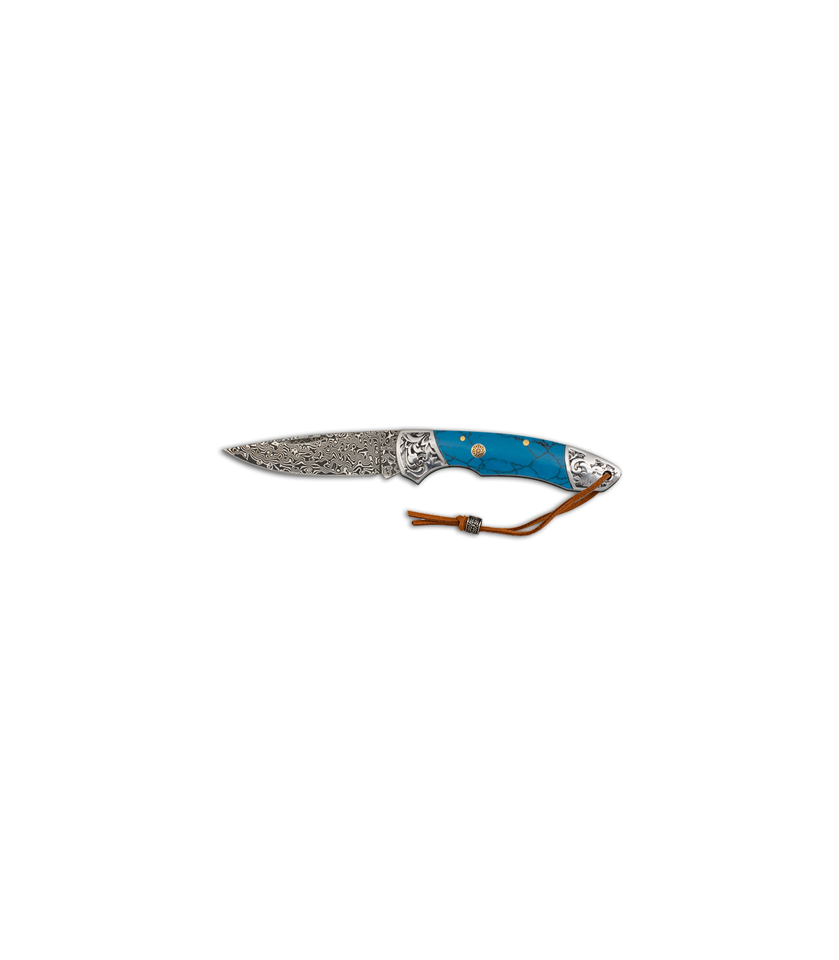 Navaja 73 capas Acero Damasco 7,5 cm - Virolas de Acero Decorada - Mango Resina Azul - Kit Supervivencia Unión Europea