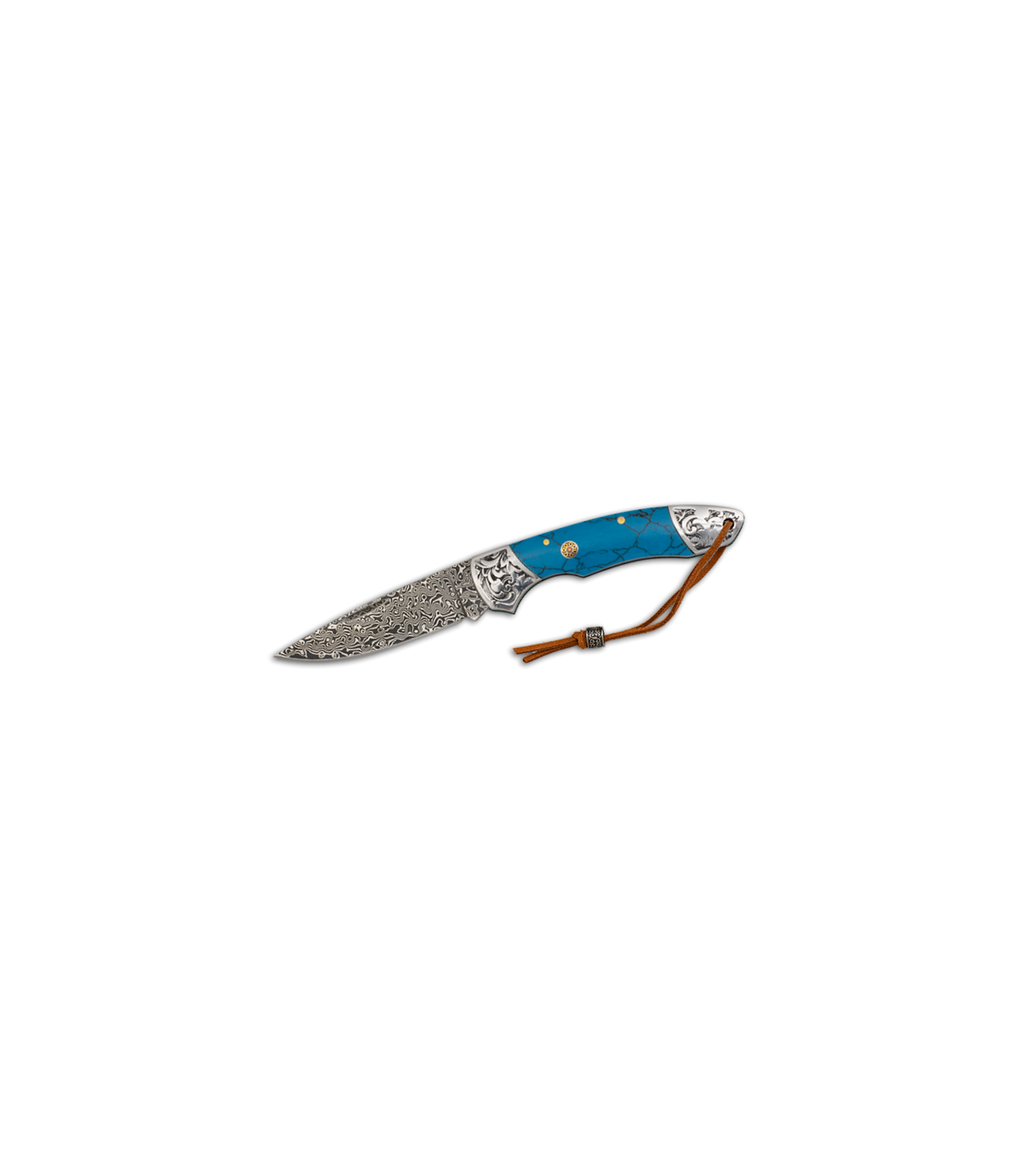 Navaja 73 capas Acero Damasco 7,5 cm - Virolas de Acero Decorada - Mango Resina Azul - Kit Supervivencia Unión Europea