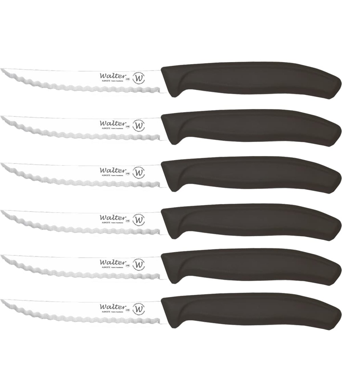 Juego 6 uds. - Cuchillo Mesa Bistec con Sierra - Mango PP Negro